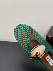 ALAIA BALLET FLATS IN COOL GREEN MESH FISHNET WITH GOLD HARDWARE