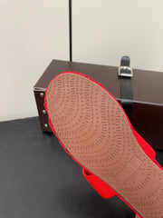 ALAIA BALLET FLATS IN CHERRY RED MESH FISHNET WITH GOLD HARDWARE