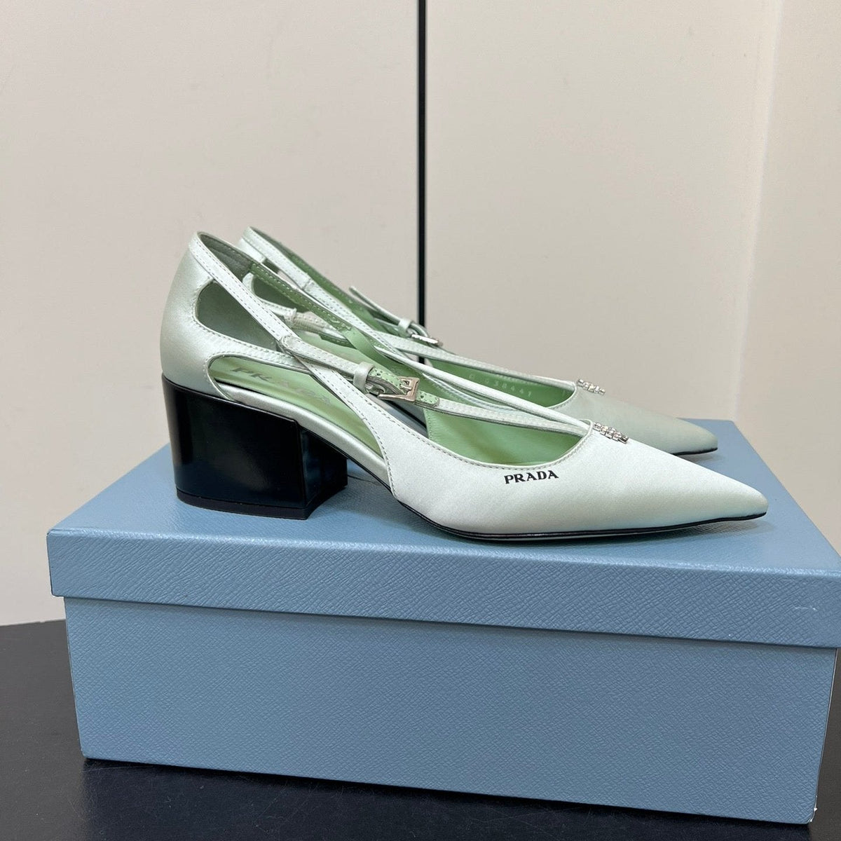 CUT-OUT PUMPS WITH BEAD BUCKLE IN CHETWODE GREEN SATIN