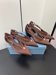 CUT-OUT PUMPS WITH BEAD BUCKLE IN CHOCOLATE BROWN SATIN