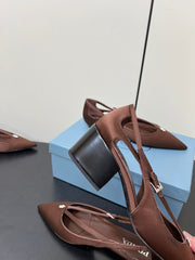 CUT-OUT PUMPS WITH BEAD BUCKLE IN CHOCOLATE BROWN SATIN