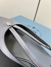 CUT-OUT BALLERINA FLAT IN WARM GRAY SATIN ATTACHED BEAD BUCKLE