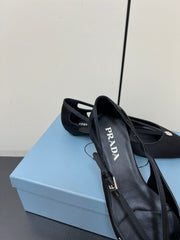 CUT-OUT BALLERINA FLAT IN BLACK SATIN ATTACHED BEAD BUCKLE