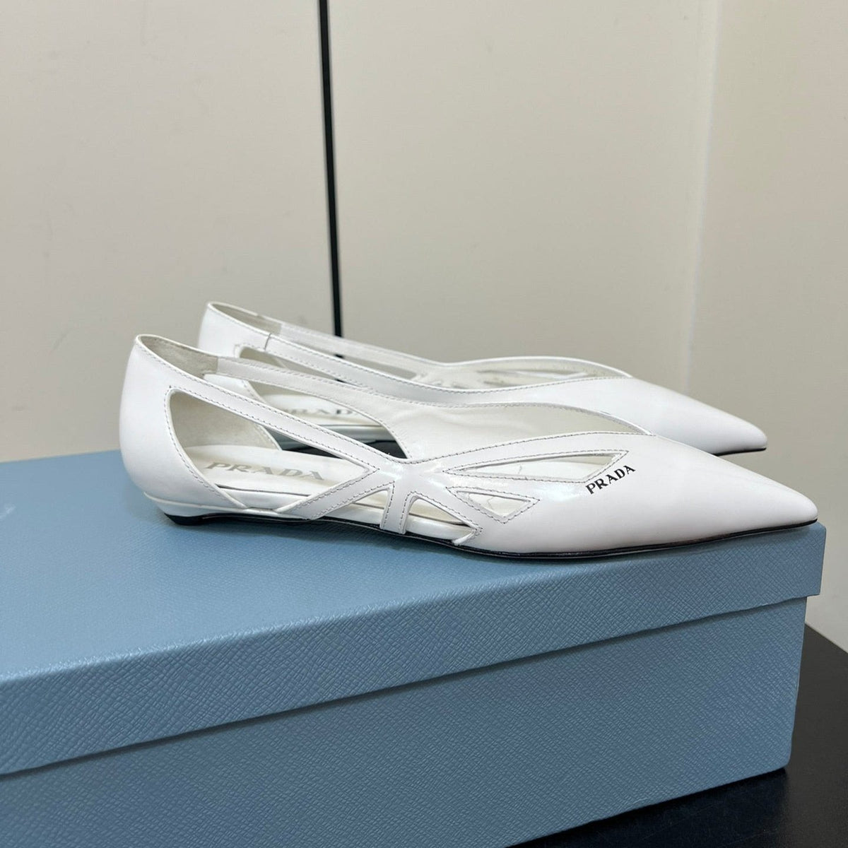 BRUSHED CUT-OUT BALLERINA FLAT IN WHITE CALFSKIN
