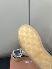 THICK-SOLED RETRO SNEAKERS IN SILVER METALLIC LAMBSKIN AND BEIGE SUEDE