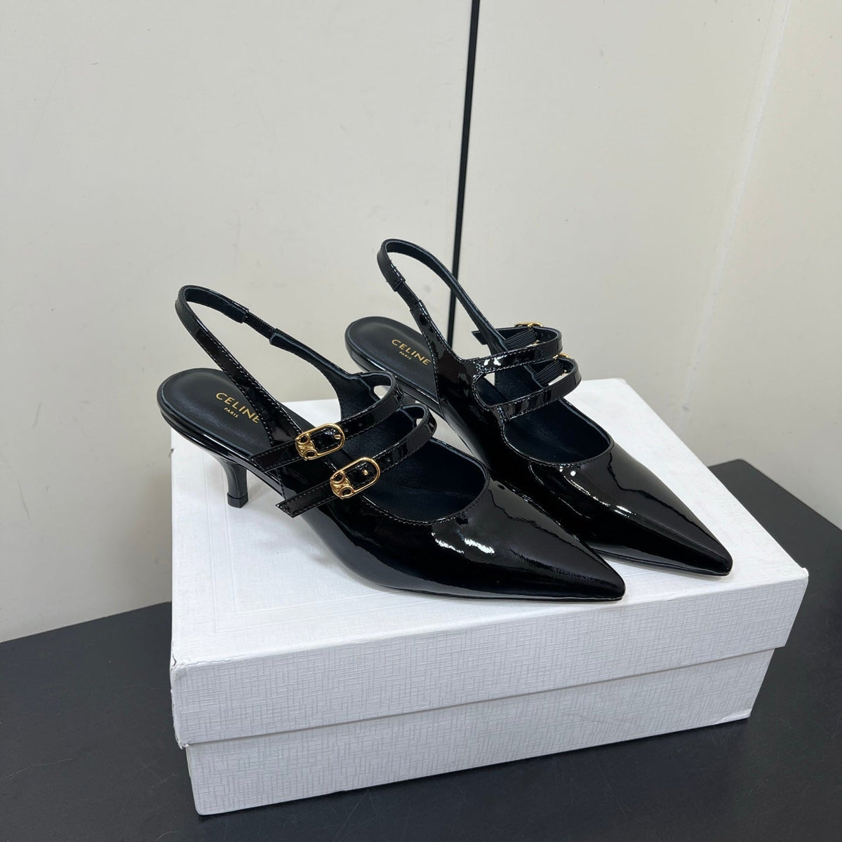 JUDY DOUBLE STRAP MARY JANE SLINGBACK IN BLACK PATENT CALFSKIN