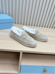 LOAFER IN KHAKI BEIGE SUEDE AND FUR LINING ATTACHED TRIANGLE LOGO