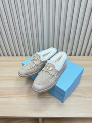 LOAFER IN KHAKI BEIGE SUEDE AND FUR LINING ATTACHED TRIANGLE LOGO