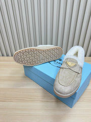 LOAFER IN KHAKI BEIGE SUEDE AND FUR LINING ATTACHED TRIANGLE LOGO
