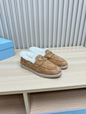 LOAFER IN CAMEL SUEDE AND FUR LINING ATTACHED TRIANGLE LOGO