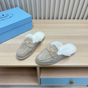 TRIANGLE LOGO FLATS IN KHAKI BEIGE SUEDE AND FUR LINING