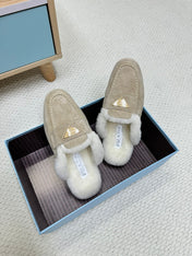 TRIANGLE LOGO FLATS IN KHAKI BEIGE SUEDE AND FUR LINING