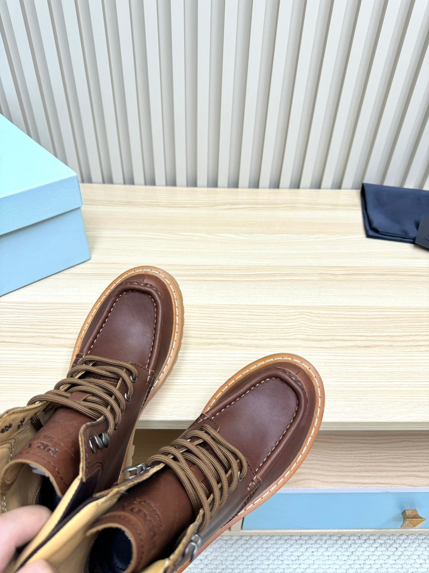 PRADA 25S LACE-UP ANKLE BOOTS IN DARK BROWN CALFSKIN