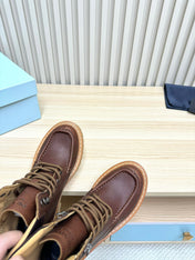 PRADA 25S LACE-UP ANKLE BOOTS IN DARK BROWN CALFSKIN