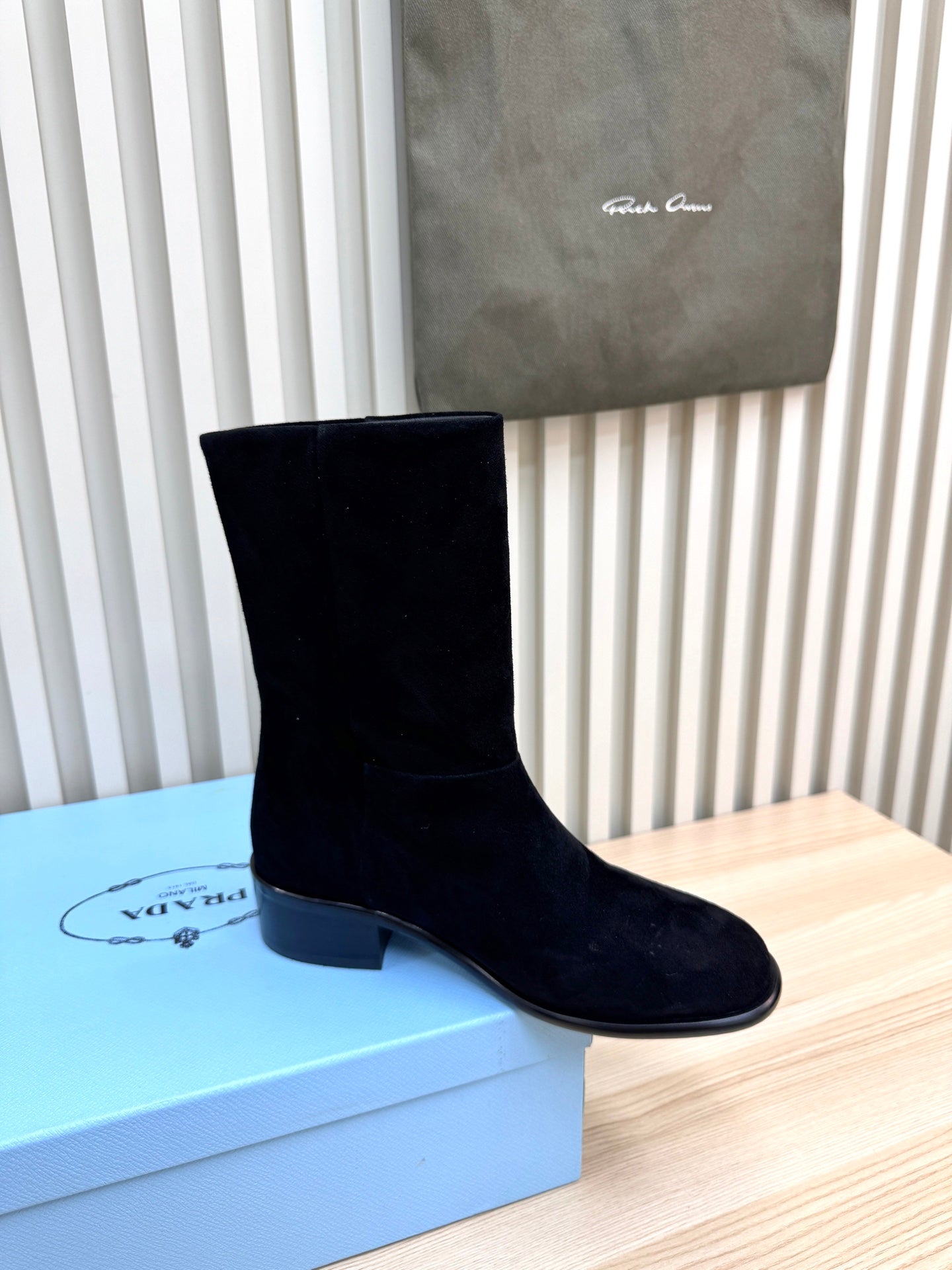 PRADA 25S LOW-CUT BOOTS IN BLACK SUEDE