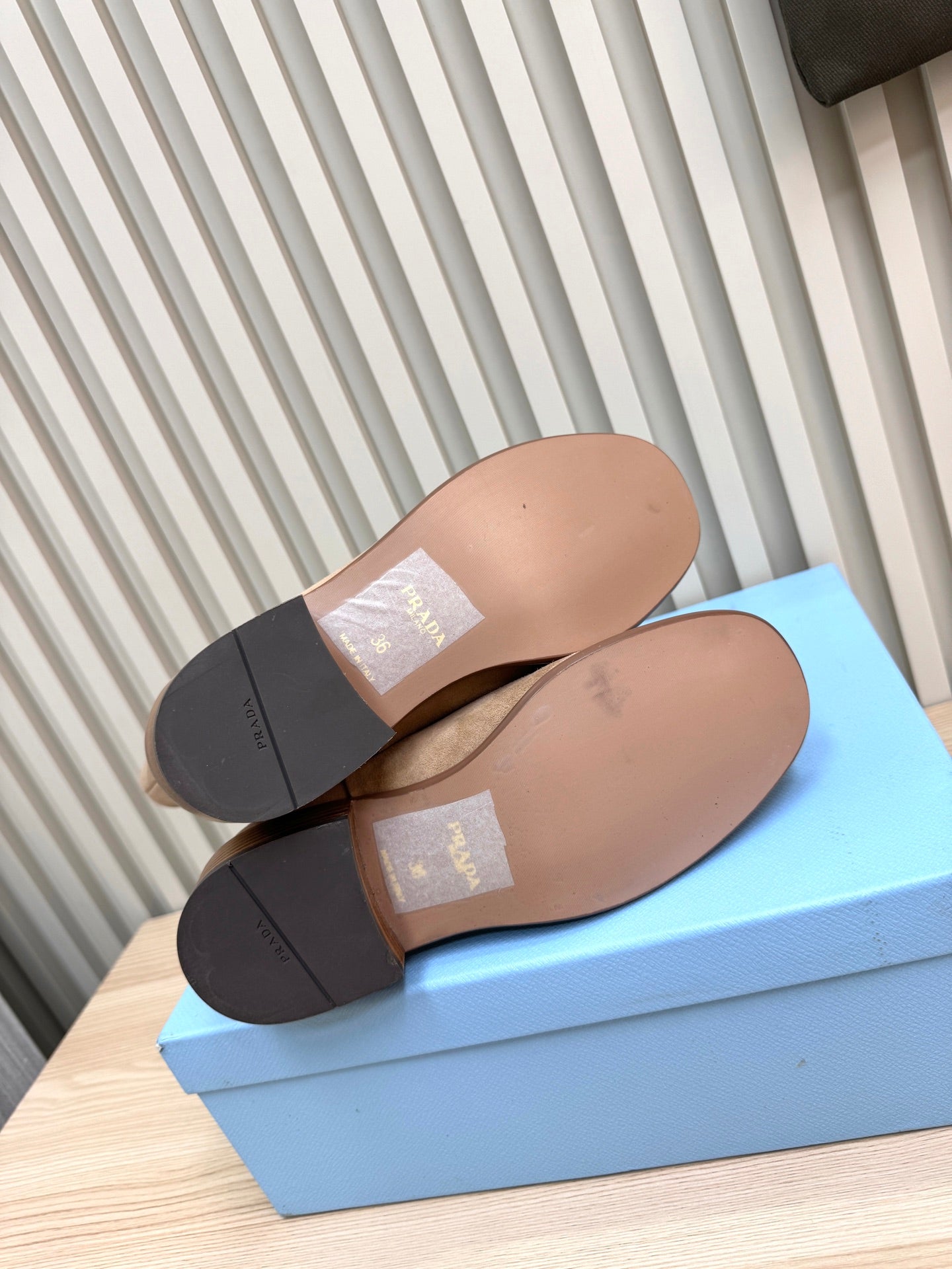 PRADA 25S LOW-CUT BOOTS IN LIGHT CARAMEL BROWN SUEDE