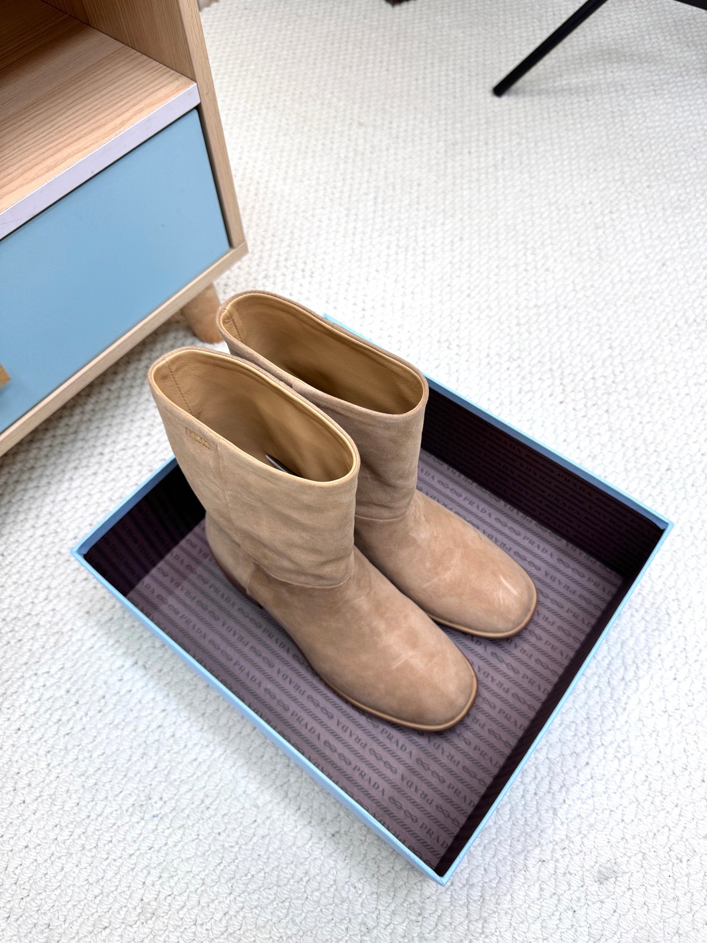 PRADA 25S LOW-CUT BOOTS IN LIGHT CARAMEL BROWN SUEDE