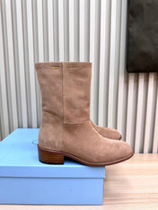 PRADA 25S LOW-CUT BOOTS IN LIGHT CARAMEL BROWN SUEDE