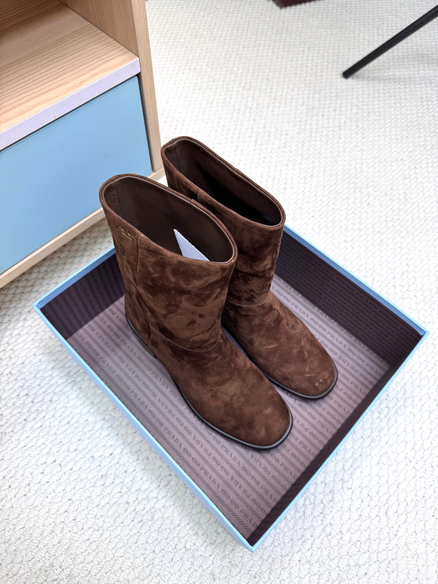 PRADA 25S LOW-CUT BOOTS IN DARK BROWN SUEDE