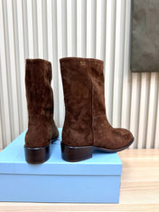 PRADA 25S LOW-CUT BOOTS IN DARK BROWN SUEDE