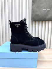PRADA 25S MONOLITH BOOTS IN BLACK SUEDE