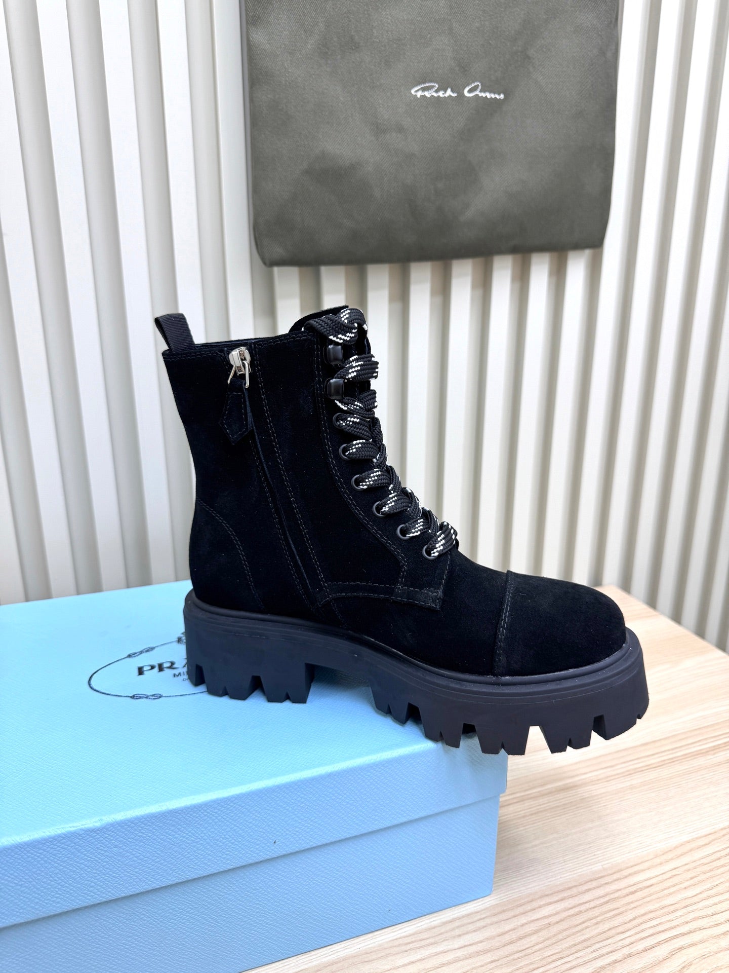 PRADA 25S MONOLITH BOOTS IN BLACK SUEDE