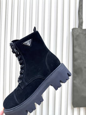 PRADA 25S MONOLITH BOOTS IN BLACK SUEDE
