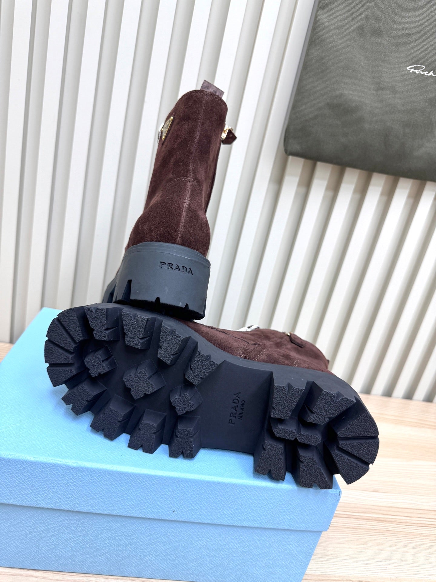 PRADA 25S MONOLITH BOOTS IN DARK PLUM BROWN SUEDE