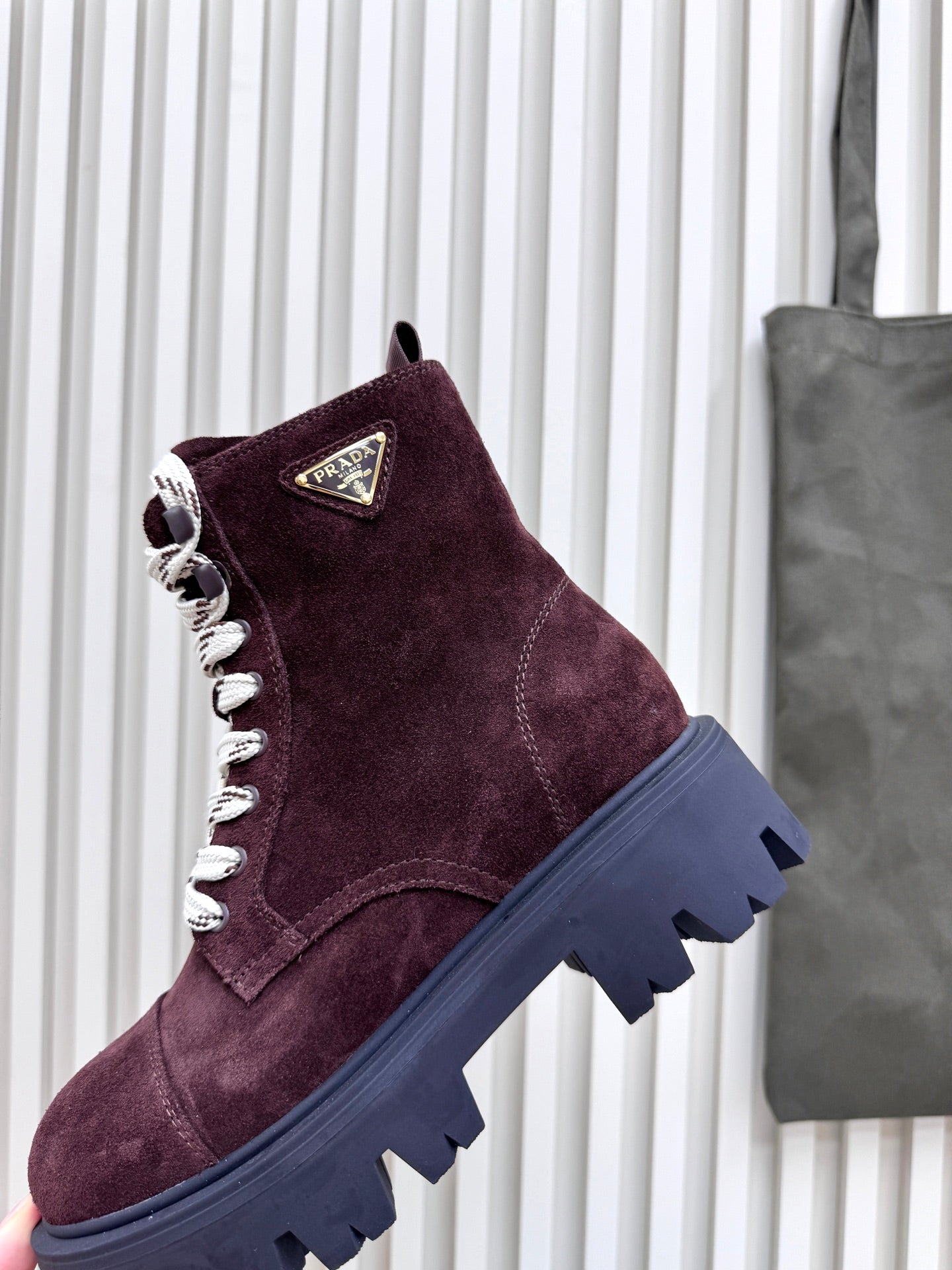 PRADA 25S MONOLITH BOOTS IN DARK PLUM BROWN SUEDE