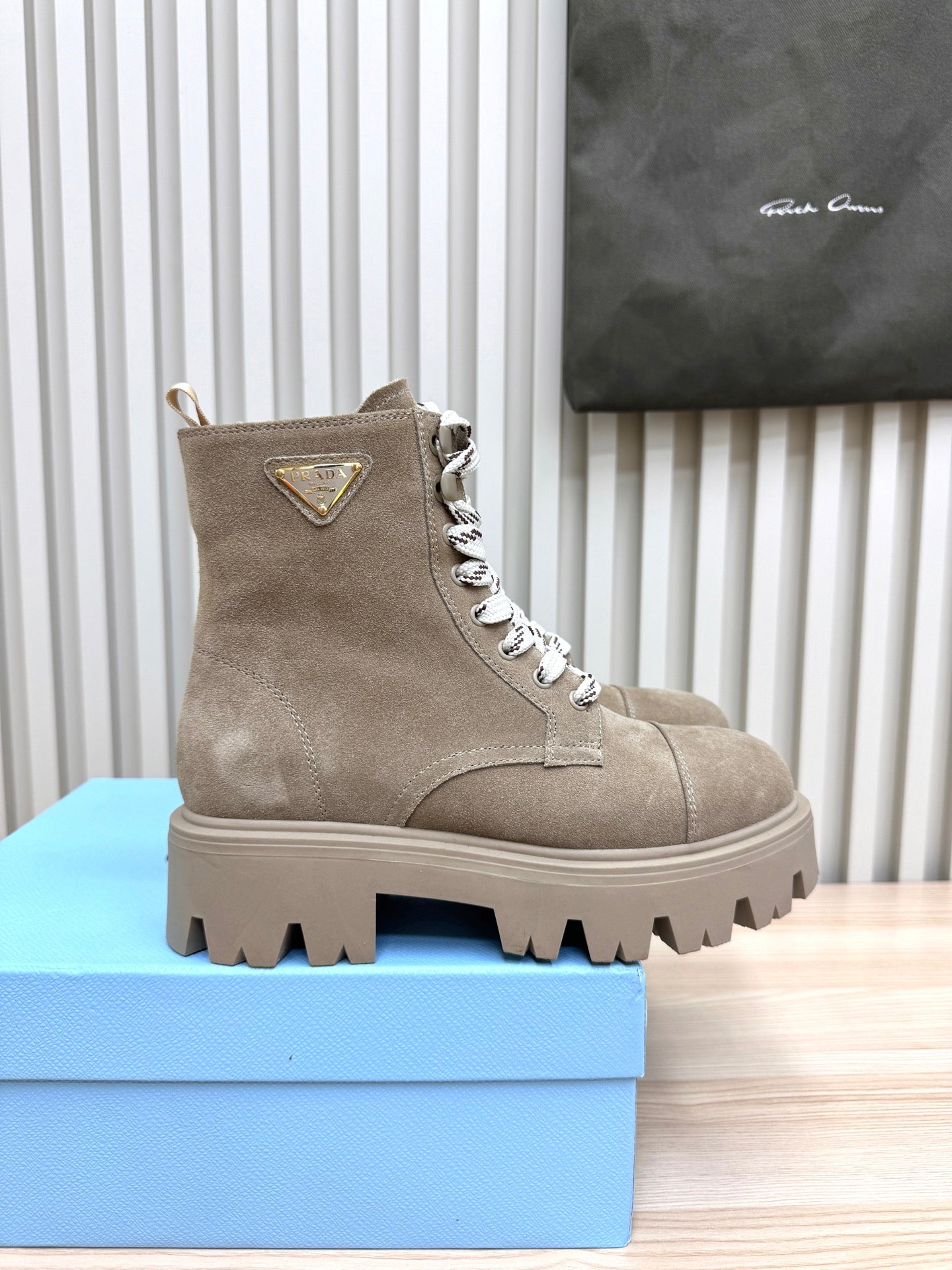 PRADA 25S MONOLITH BOOTS IN MUTED KHAKI BROWN SUEDE