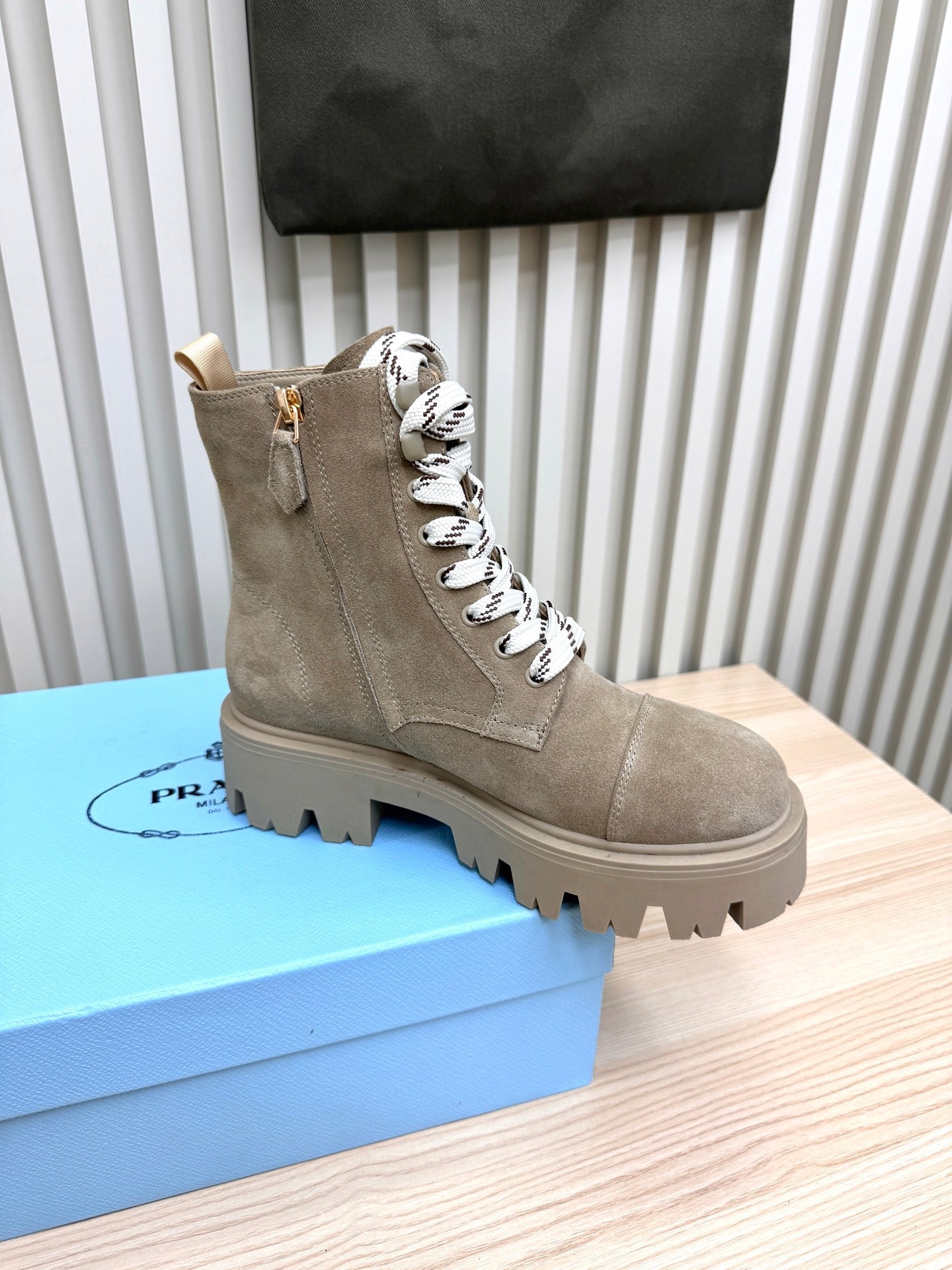 PRADA 25S MONOLITH BOOTS IN MUTED KHAKI BROWN SUEDE