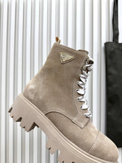 PRADA 25S MONOLITH BOOTS IN MUTED KHAKI BROWN SUEDE