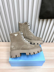 PRADA 25S MONOLITH BOOTS IN MUTED KHAKI BROWN SUEDE