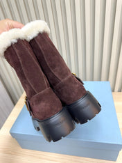 PRADA 25S MARTIN BOOTS IN DARK BURGUNDY BROWN SUEDE FUR-LINED