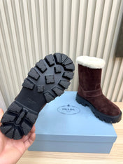 PRADA 25S MARTIN BOOTS IN DARK BURGUNDY BROWN SUEDE FUR-LINED