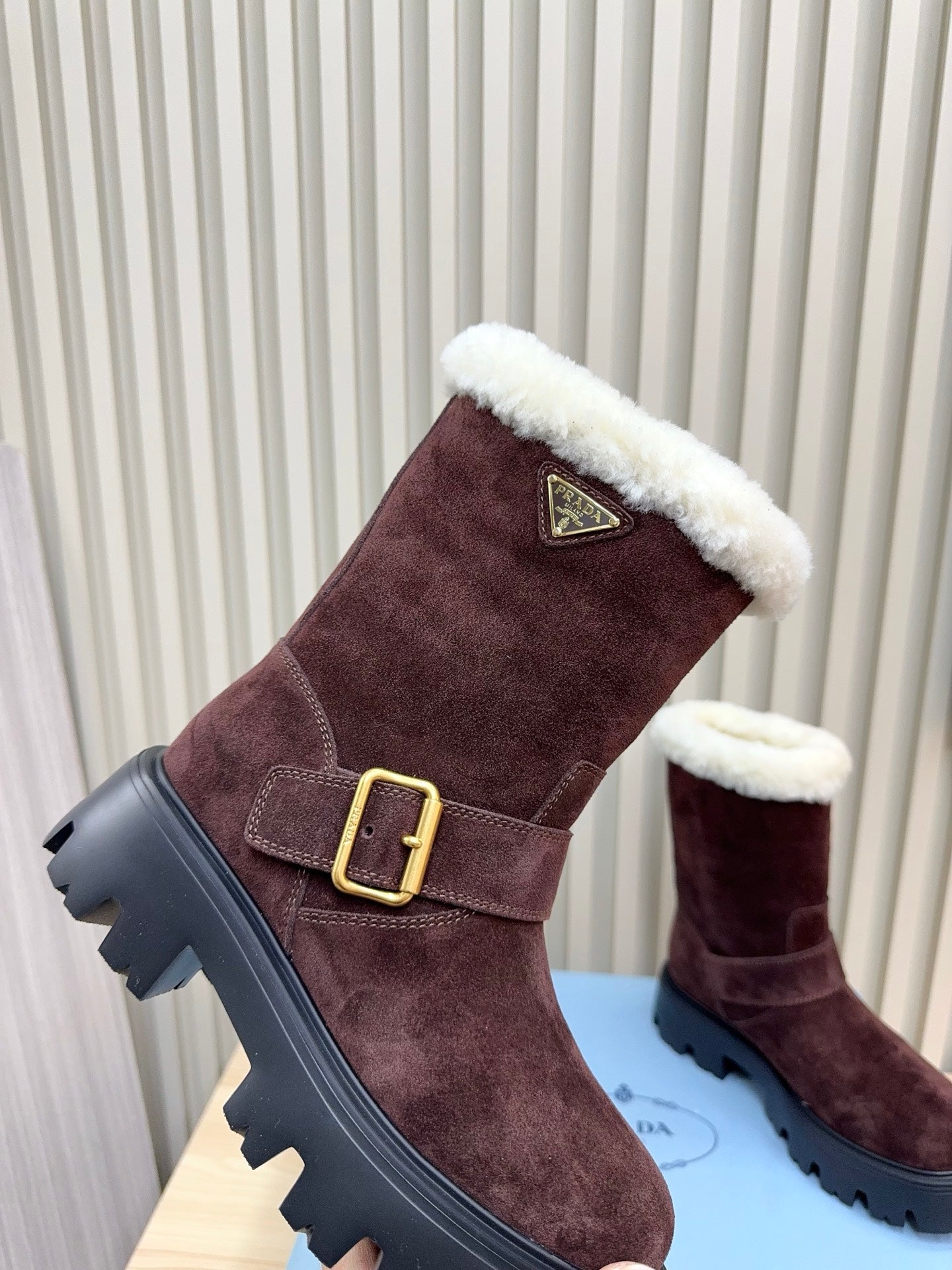 PRADA 25S MARTIN BOOTS IN DARK BURGUNDY BROWN SUEDE FUR-LINED