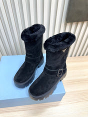 PRADA 25S MARTIN BOOTS IN DARK NAVY BLUE SUEDE FUR-LINED