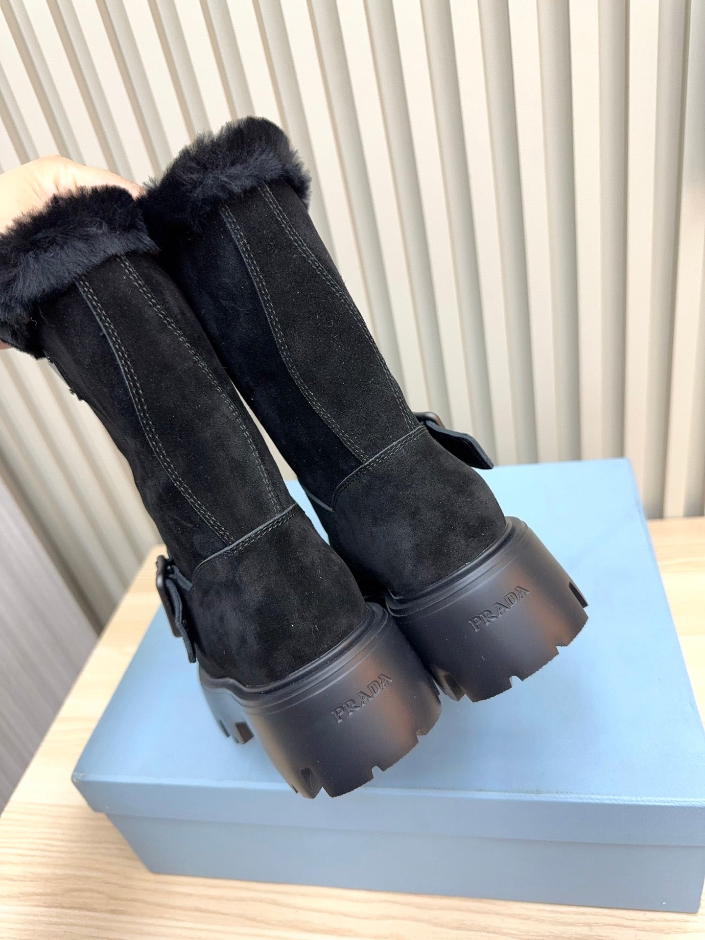 PRADA 25S MARTIN BOOTS IN DARK NAVY BLUE SUEDE FUR-LINED