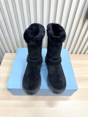 PRADA 25S MARTIN BOOTS IN DARK NAVY BLUE SUEDE FUR-LINED