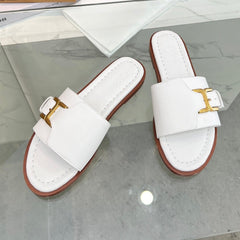 HLOE MARCIE SLIDE IN WHITE CALFSKIN WITH GOLD HARDWARE