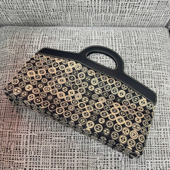 CHANEL 25S SHOPPING BAG 46 CM IN BLACK MIX BEIGE CANVAS PRINTED LOGO