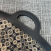 CHANEL 25S SHOPPING BAG 46 CM IN BLACK MIX BEIGE CANVAS PRINTED LOGO