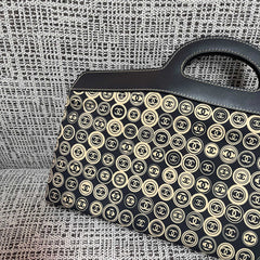 CHANEL 25S SHOPPING BAG 46 CM IN BLACK MIX BEIGE CANVAS PRINTED LOGO
