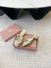 MARY JANE MULE PUMPS IN BEIGE GLOSSY SHEEPSKIN