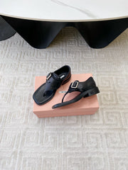 THONG SANDALS IN BLACK LAMBSKIN WITH SILVER BUCKLE