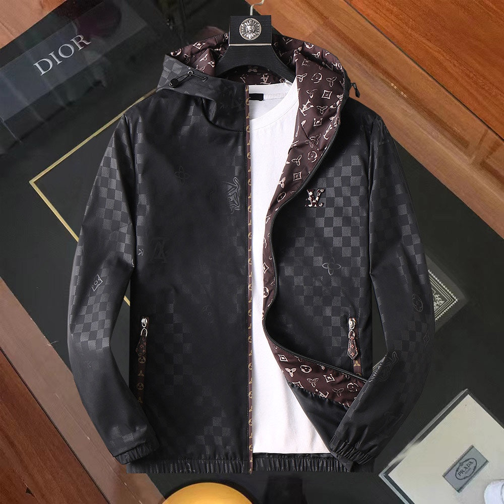 LV HOODED JACKET IN BLACK DAMIER AND BROWN TRIM 239036