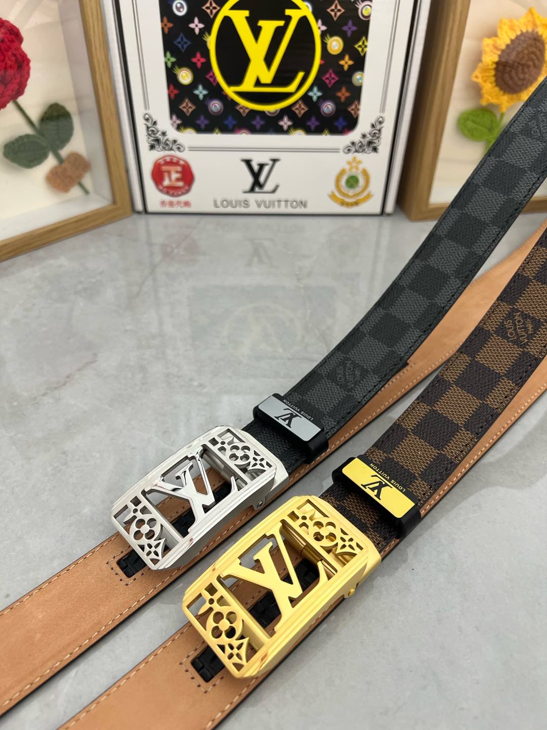 LV 25S BELT 35 MM IN BLACK MIX GREY CALFSKIN 593275