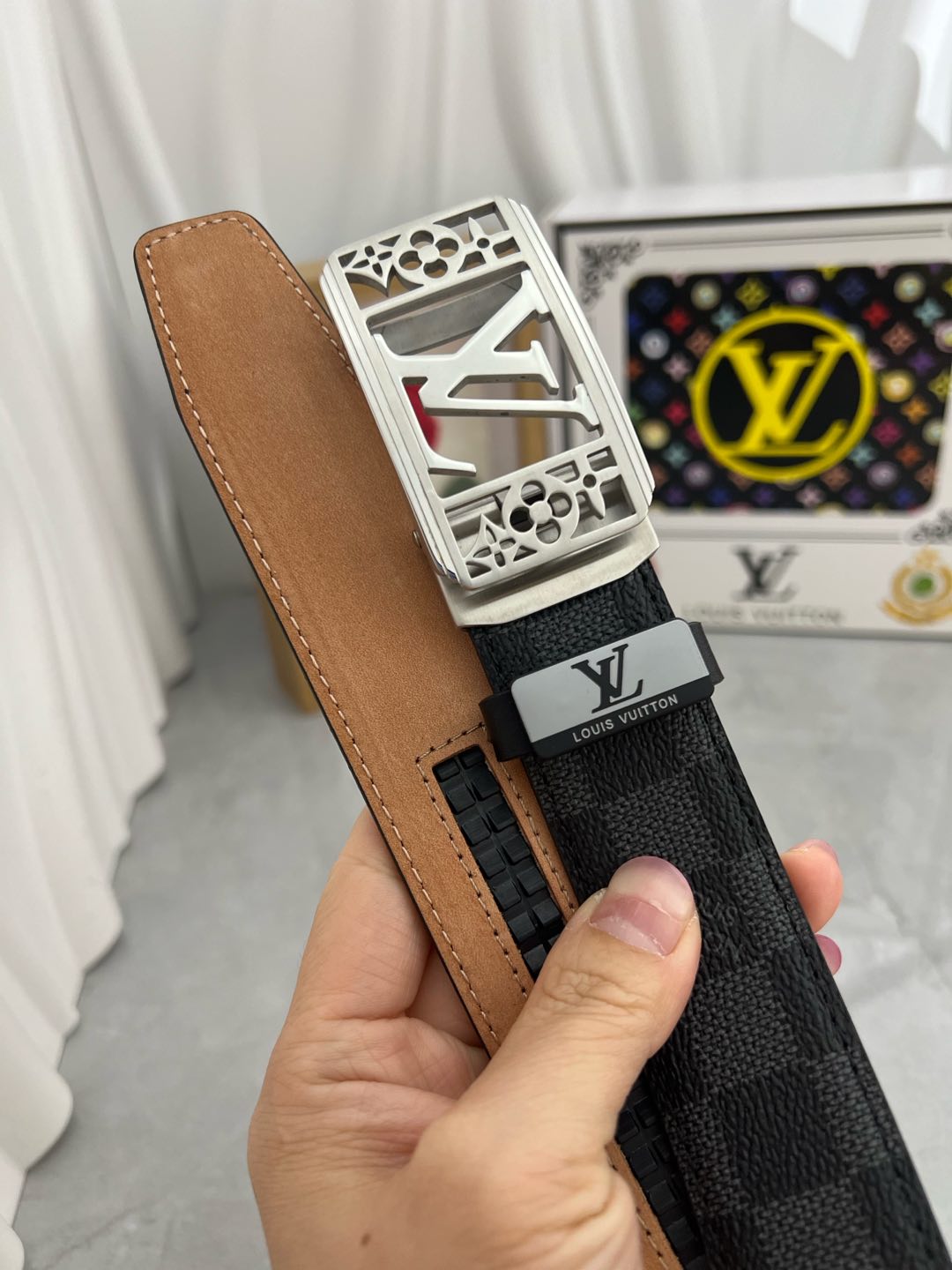 LV 25S BELT 35 MM IN BLACK MIX GREY CALFSKIN 593275