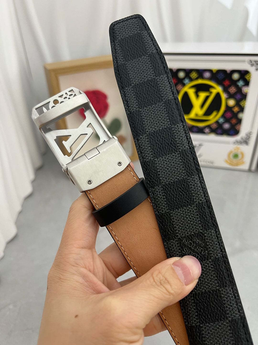 LV 25S BELT 35 MM IN BLACK MIX GREY CALFSKIN 593275