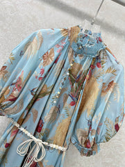 ZIMMERMANN PUFF-SLEEVE FLORAL FEATHER SILK DRESS 275074